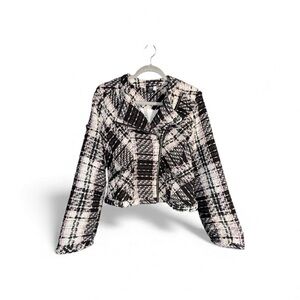 Ashley By 26 International Black White Pink Tweed Plaid Moto Style Blazer